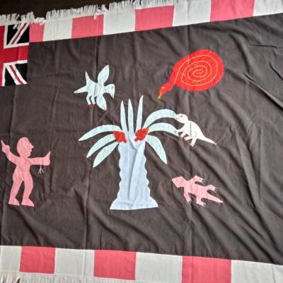 Militia-flag with proverbial appliques, Dim. 124 x 174 cm. Fanti. Ghana.