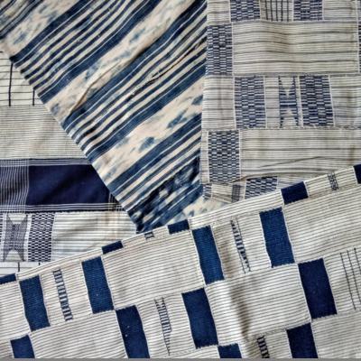 Different textiles, dyed with indigo. Baoulé (Ivory Coast) and Ewe (Ghana).